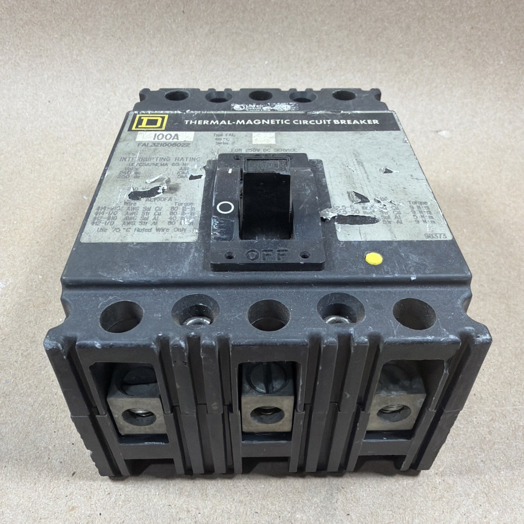 Square D 100A Thermal-Magnetic Circuit Breaker, FAL321008022, 3 Pole, 600V, Used