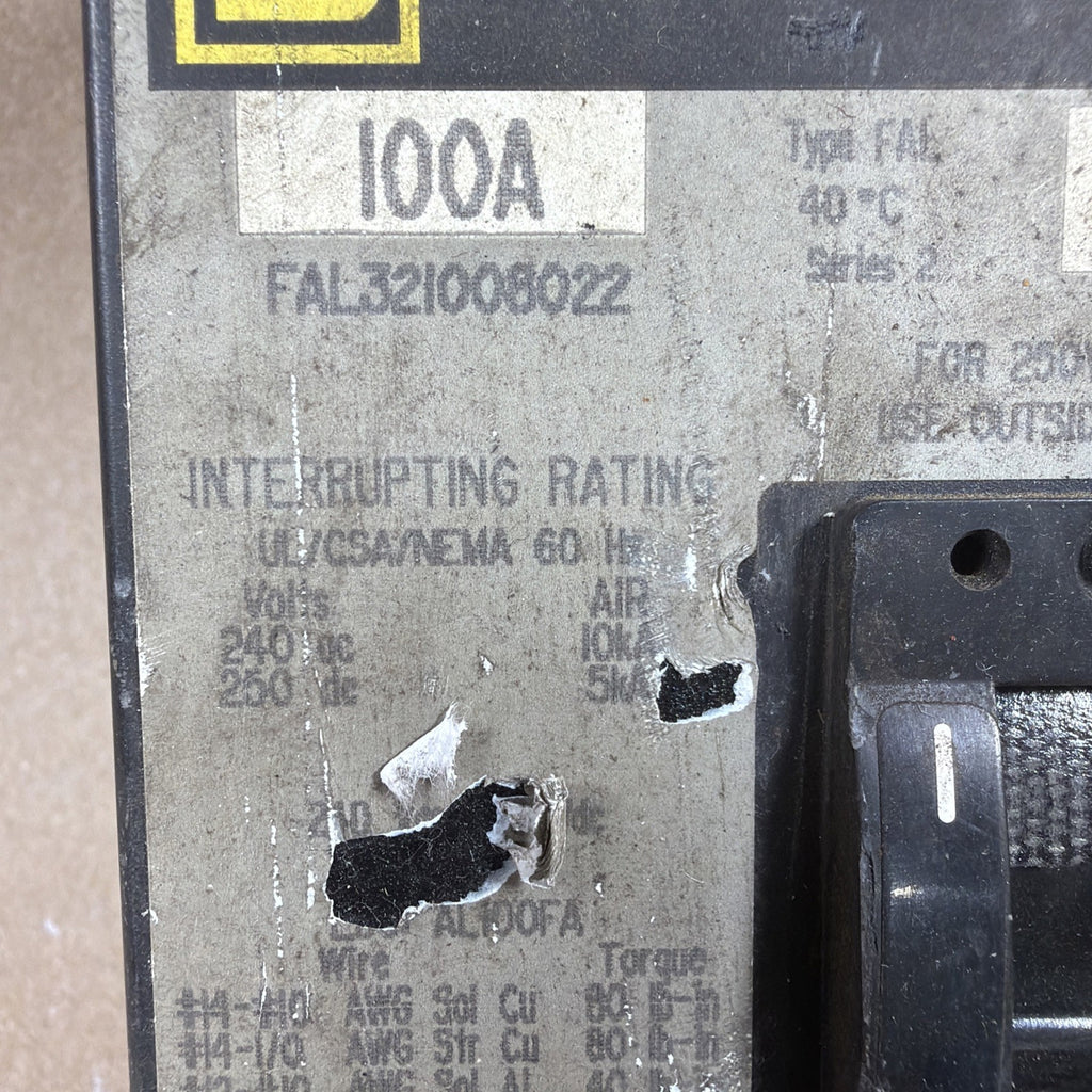 Square D 100A Thermal-Magnetic Circuit Breaker, FAL321008022, 3 Pole, 600V, Used