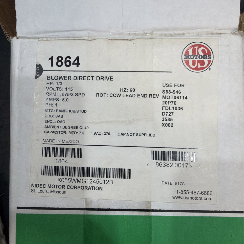 US Motors K55HXWMG-1245 Furnace Blower Motor 1/3HP 115V 1075RPM 3SPD 1864
