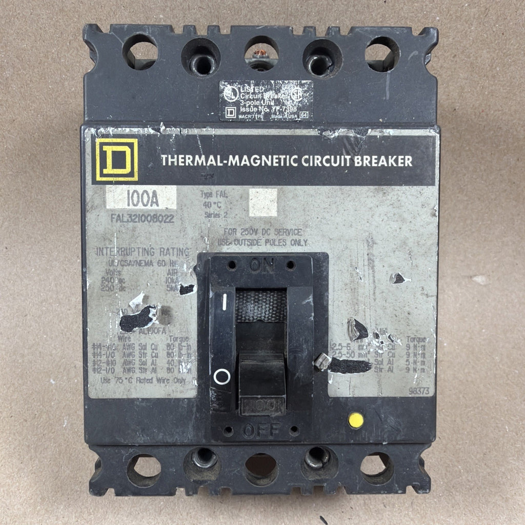 Square D 100A Thermal-Magnetic Circuit Breaker, FAL321008022, 3 Pole, 600V, Used