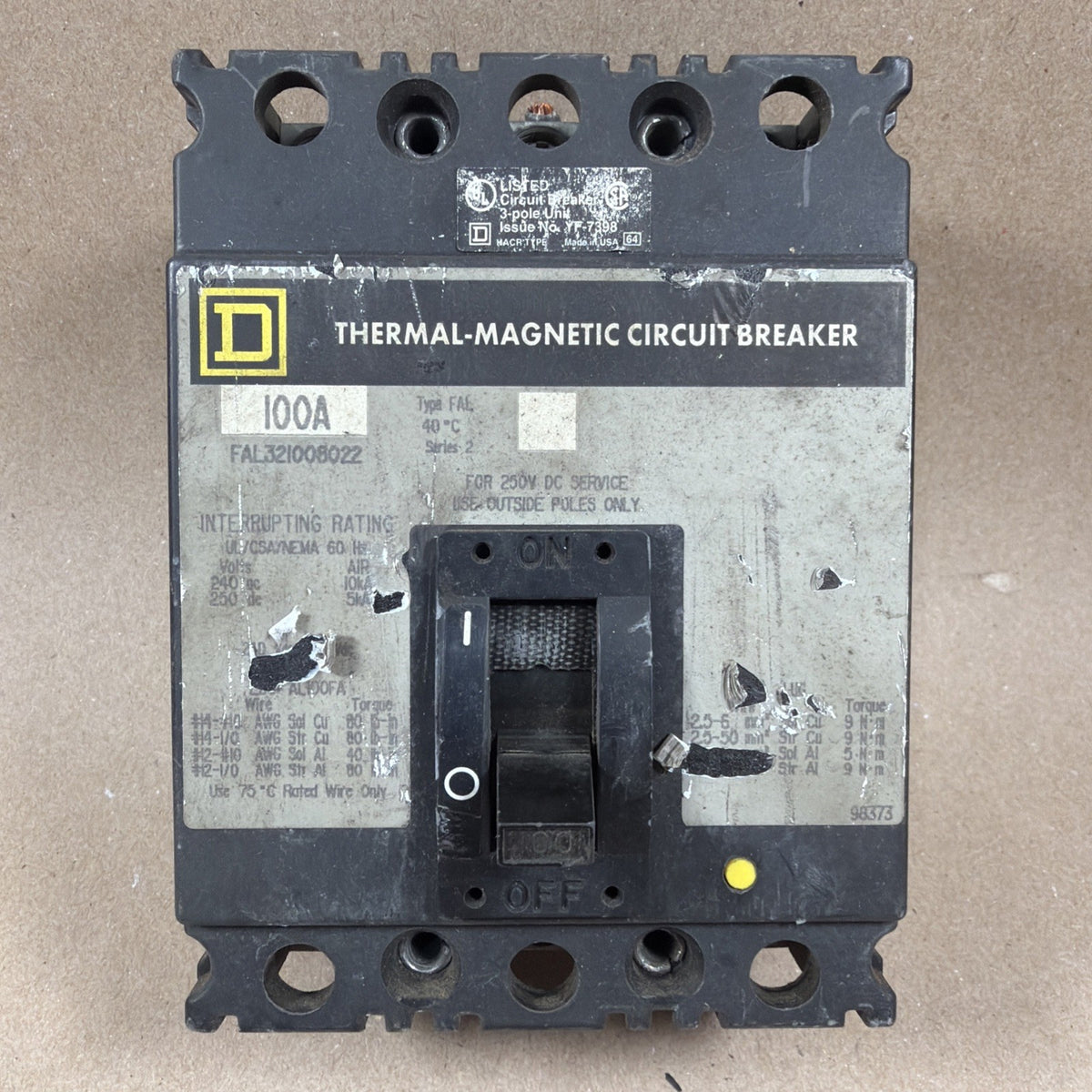 Square D 100A Thermal-Magnetic Circuit Breaker, FAL321008022, 3 Pole, 600V, Used