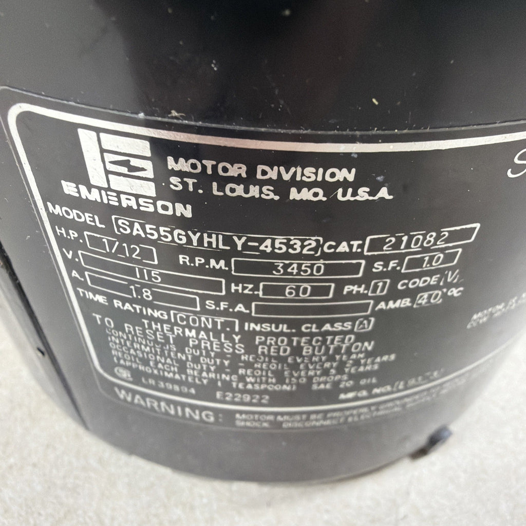 🔥. EMERSON Oil Burner Motor mod. SA55GYHLY-4532 115V 3450RPM 1/12HP mfg#21082