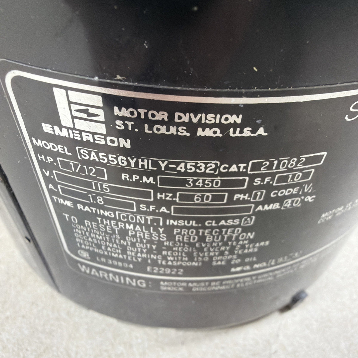 🔥. EMERSON Oil Burner Motor mod. SA55GYHLY-4532 115V 3450RPM 1/12HP mfg#21082