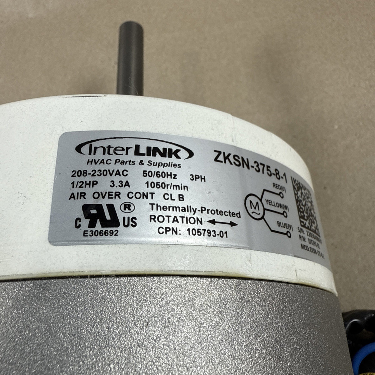 InterLink ZKSN-375-8-1 Programmable Blower Motor 208-230VAC 1/2HP 105793-01 MT27