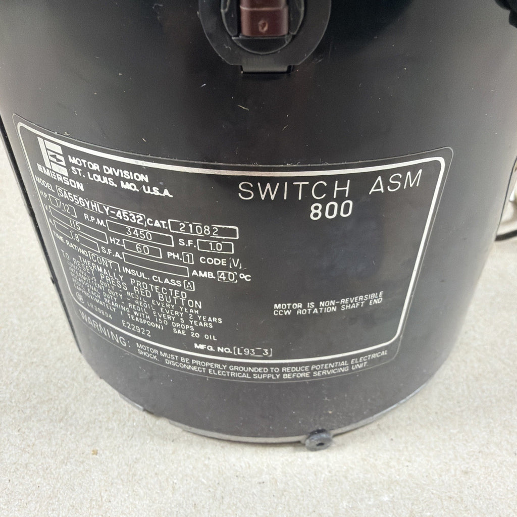 🔥. EMERSON Oil Burner Motor mod. SA55GYHLY-4532 115V 3450RPM 1/12HP mfg#21082