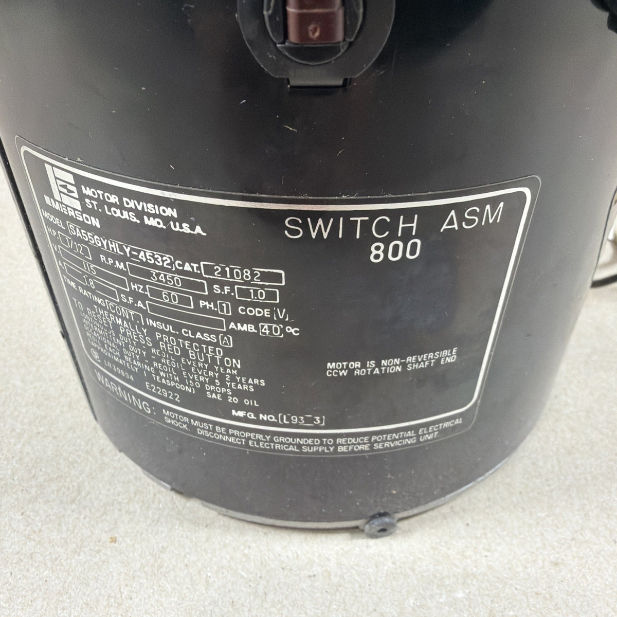 🔥. EMERSON Oil Burner Motor mod. SA55GYHLY-4532 115V 3450RPM 1/12HP mfg#21082