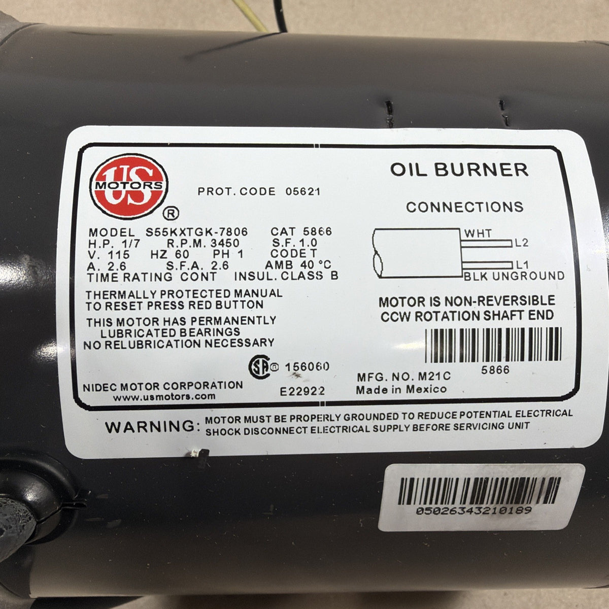 NEW 🔥 S55KXTGK-7806 US MOTORS  1/7HP 3450RPM. PH1 Oil Burner Motor 115V