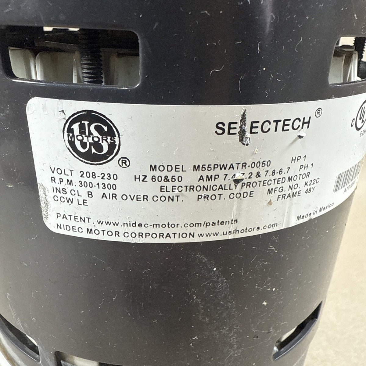 US Motors SELECTECH M55PWATR-0050 ECM Blower Motor 1HP 208-230V 105914-26 (#53)