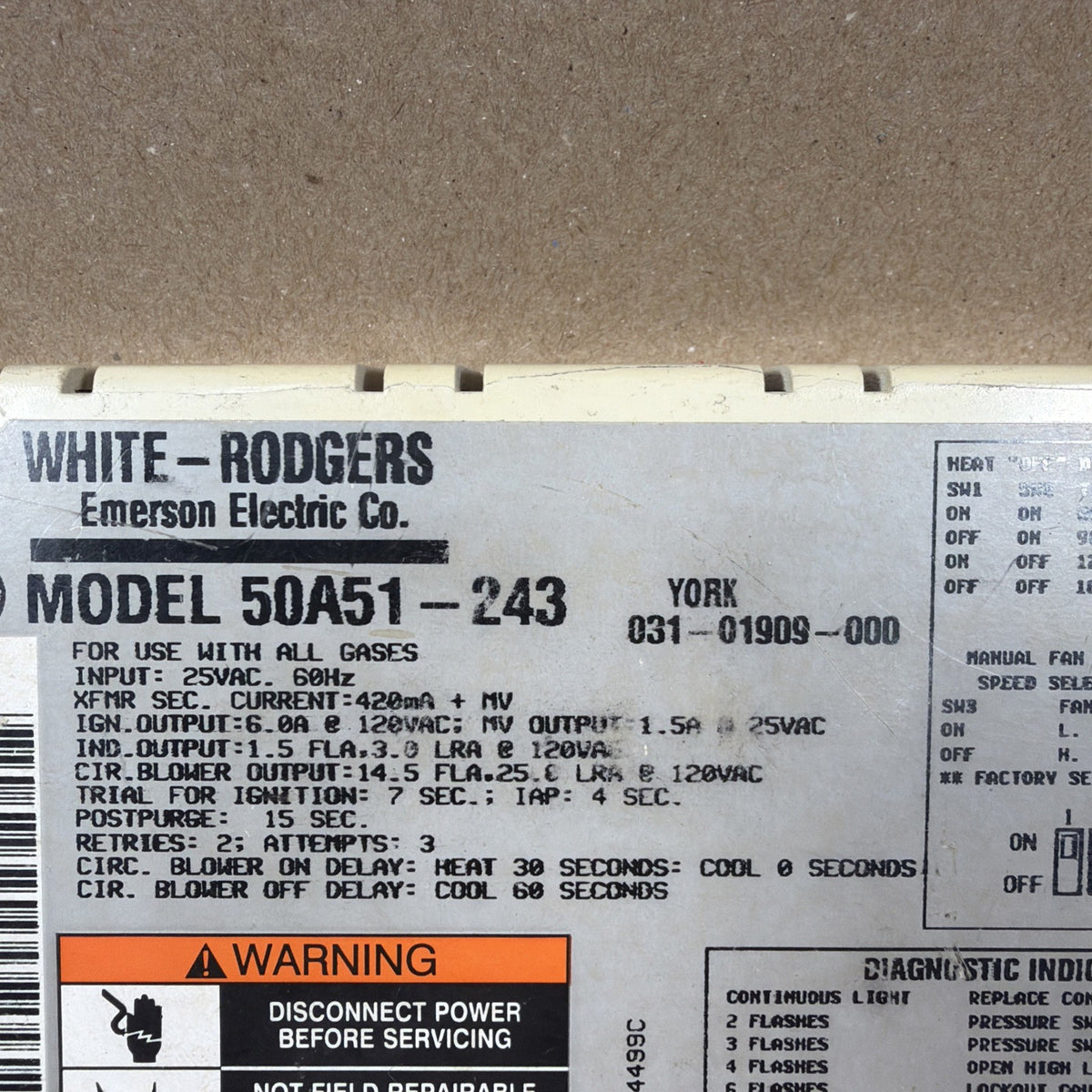 🔥 White Rodgers 50A51-243 Furnace Ignition Control Module YORK 031-01909-00