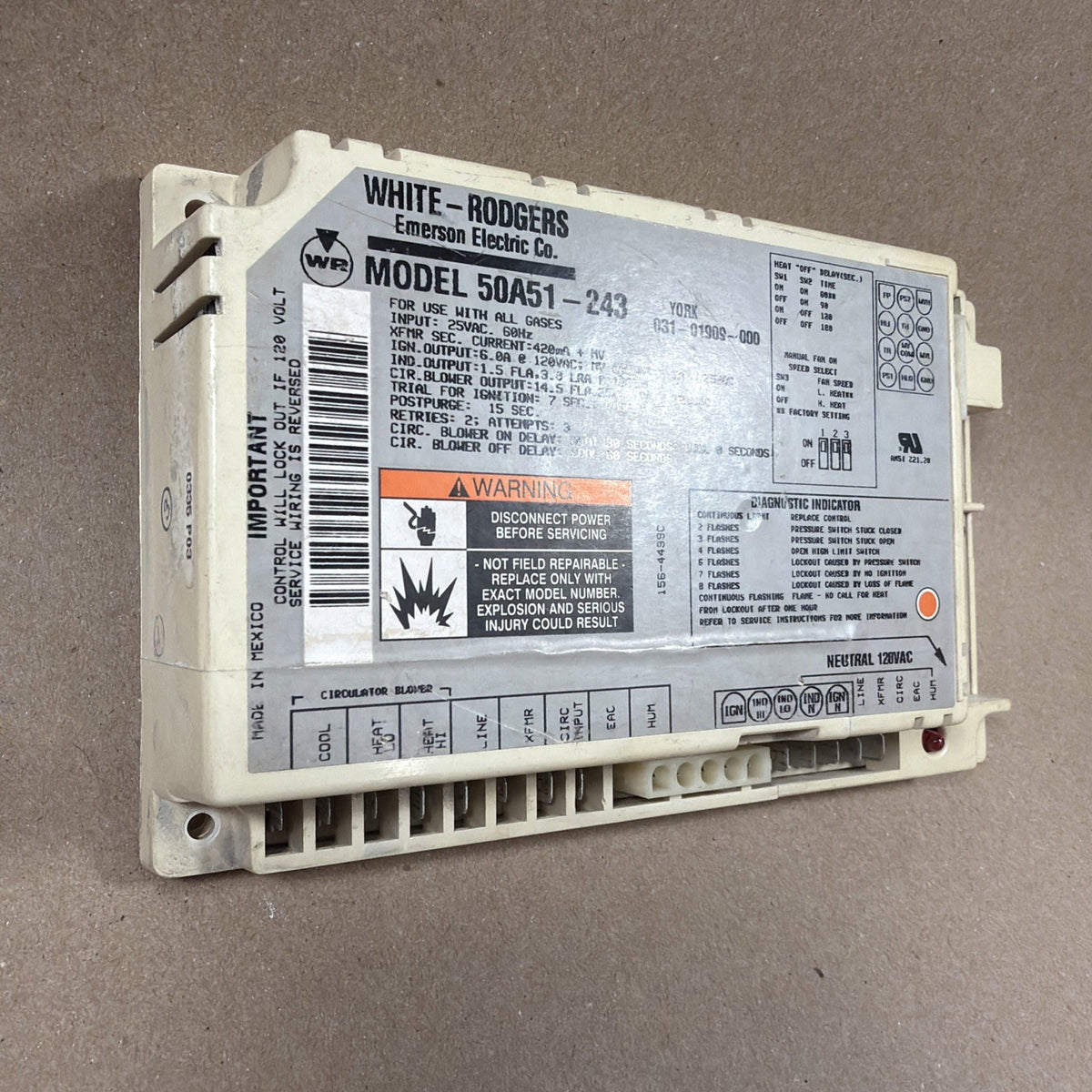 🔥 White Rodgers 50A51-243 Furnace Ignition Control Module YORK 031-01909-00