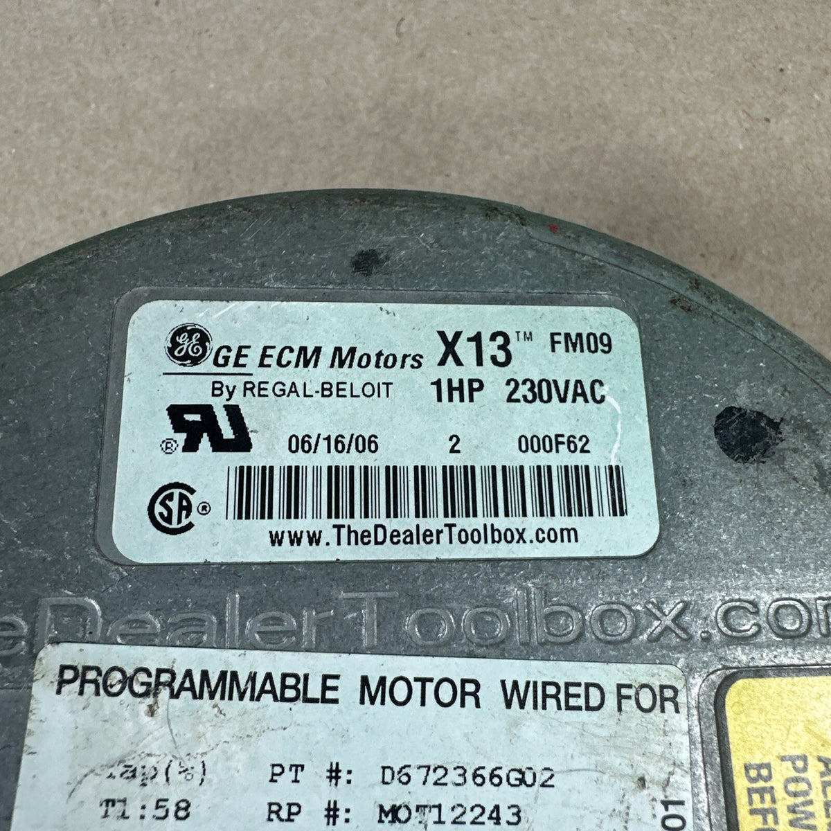 GE ECM X13 1 HP FM09 Blower Motor's Module 06/16/06 CCW LE rotation used (F138)