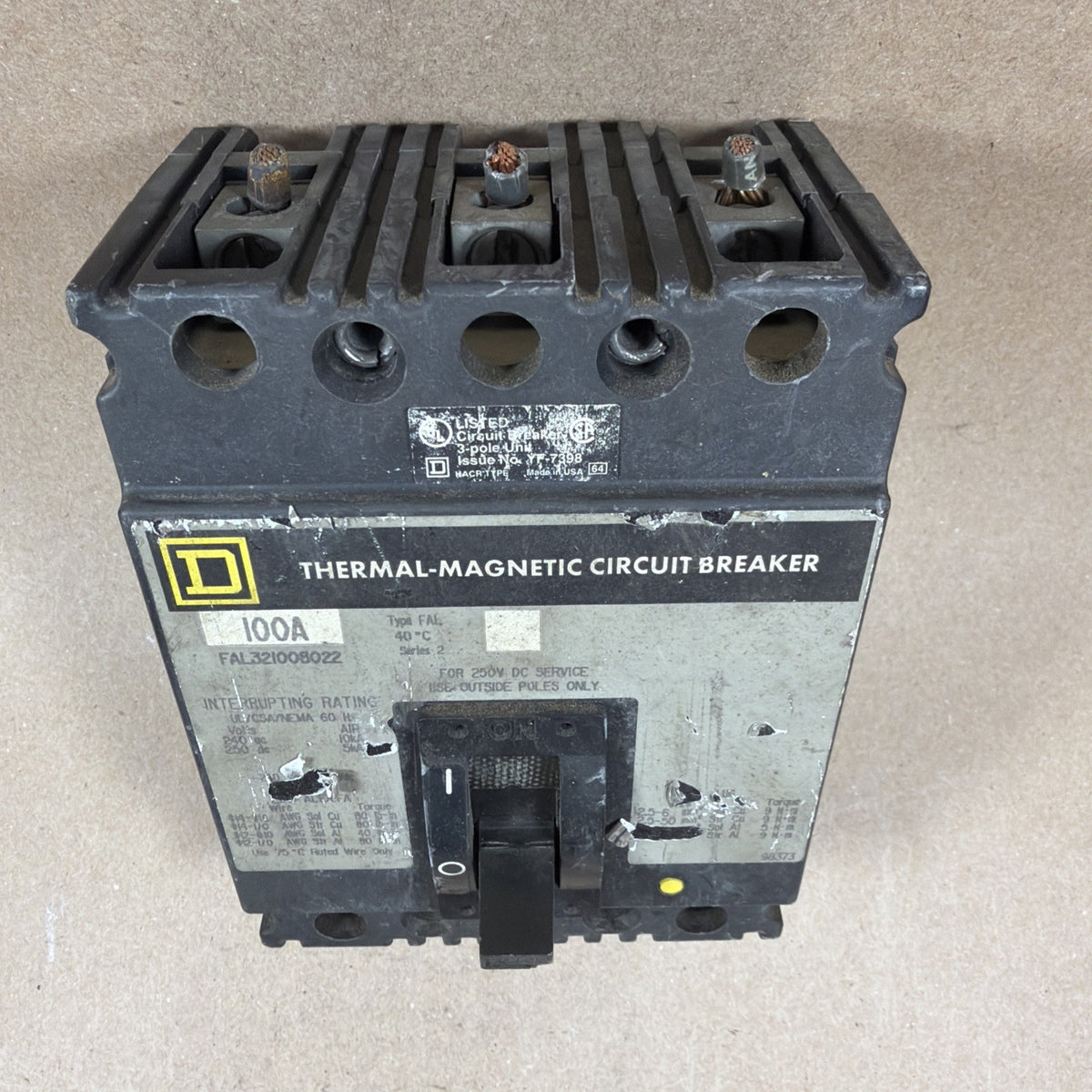 Square D 100A Thermal-Magnetic Circuit Breaker, FAL321008022, 3 Pole, 600V, Used
